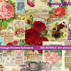 Ephemera für Junk Journals, Vintage Rose Printable Kit, alte Papiere, Etiketten, Schrank Karten, Scrapbook Kit, Vintage Ephemera Pack