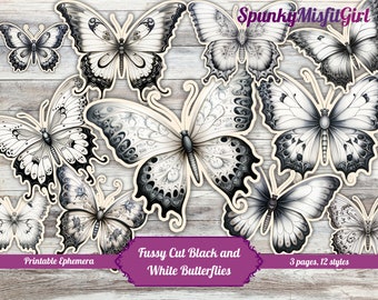 Black and White Butterfly Fussy Cuts Butterfly Junk Journal Ephemera Kit Black and White Fussy Cut Printables Butterflies JunkJournal