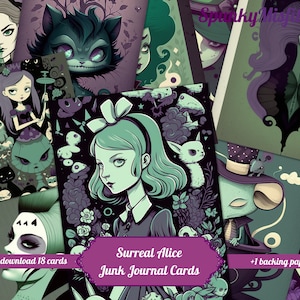 Dziennik śmieciowy Alicji w Krainie Czarów Surrealistyczny zestaw do druku Alicji Dark Alice Ephemera Zestaw dziennika śmieci Alicji Karty papierowe