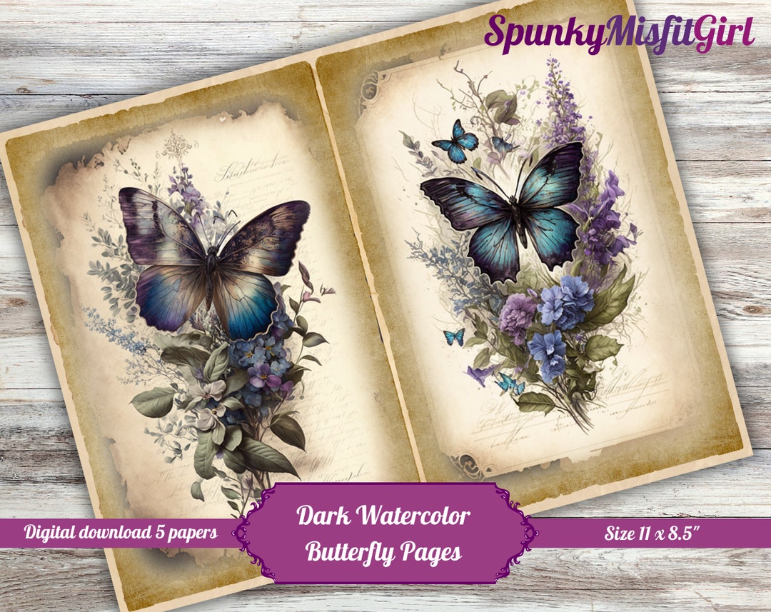 Dark Watercolor Printable Junk Journal Pages Butterfly Junk Journal Kit ...