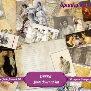 May include: A printable junk journal kit with an opera theme. The kit includes 12 papers and 9 pages of ephemera. The papers feature vintage images of opera singers, scenes from operas, and musical scores. The ephemera includes tickets, programs, and other ephemera related to opera.