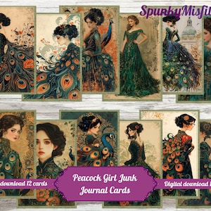 Peacock Lady Junk Journal Cards, Junk Journal Toppers, JunkJournal Ephemera, Peacocks Digital Download, Peacock Printable Cards