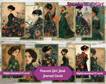 Peacock Lady Junk Journal Cards, Junk Journal Toppers, JunkJournal Ephemera, Peacocks Digital Download, Peacock Printable Cards