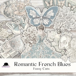 Kit per quaderni a farfalla con taglio fussy, motivo "French Romantic Blues Fussy Cut", materiale effimero, stampe vintage con taglio fussy, JunkJournal