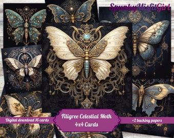 Junk Journal Cards, Celestial Moths, Filigree, Printable Ephemera for Journals, Butterfly, Butterflies ATC Cards, Paper, Kit