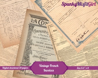 Vintage French Invoices, Downloadable Junk Journal Papers, JunkJournal Kit, French Printable Papers, French Ephemera Kit, Vintage Ephemera