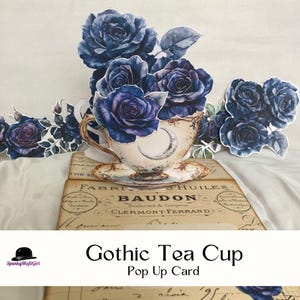 Carte pop-up tasse de thé gothique Cartes uniques de roses violettes lune céleste carte de découpe imprimable impression et fabrication de cartes de création en papier