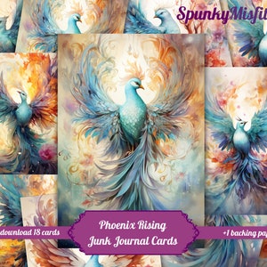 JunkJournal Cards Oiseau Oiseaux Junk Journal carte imprimable Phoenix paon couleurs vives Scrapbook Fantasy Turquoise violet