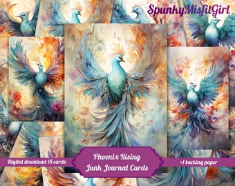 JunkJournal Cards Bird Birds Junk Journal Printable Card Phoenix Peacock Bright Colors Scrapbook Fantasy Turquoise Purple