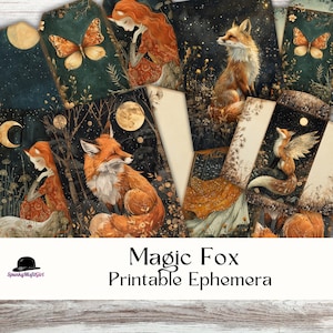 Etiquetas para impressão de objetos efêmeros de raposa mágica, raposas de fantasia, kit de objetos efêmeros para caderno, raposas, meninas, bosques, imprimíveis, cartões de diário JunkJournal