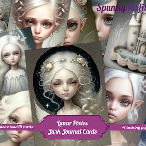 May include: Digital download of 18 printable junk journal cards featuring illustrations of fairies with white hair and delicate features. The cards have a whimsical and ethereal aesthetic. The text "Lunar Pixies Junk Journal Cards" is featured on the cards.