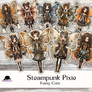 May include: Set of ten digital paper fussy cuts featuring steampunk fairies with intricate wings and gears. The fairies are dressed in Victorian-inspired clothing and have a whimsical, ethereal look. The digital papers are perfect for scrapbooking, card making, and other crafting projects.