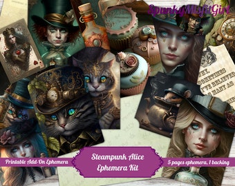 Puede incluir: Kit de efímeras imprimibles con temática de Alicia en el País de las Maravillas steampunk con 5 páginas de imágenes y 1 página de respaldo. Las imágenes incluyen un Sombrerero Loco, un gato con un sombrero de copa, una tetera con un ratón, un cupcake y una cita de Alicia en el País de las Maravillas.