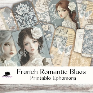 Etichette stampabili di Blues francese, quaderno a farfalla, kit di effimeri buste vintage, materiale stampabile, JunkJournal
