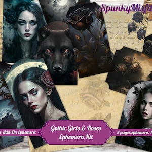 Gothic Girls Schwarze Rosen Junk Journal Ephemera Kit Dark Journals Handmade Crafting Kit Wölfe Goth Papier Printables, Geheimnisvoll