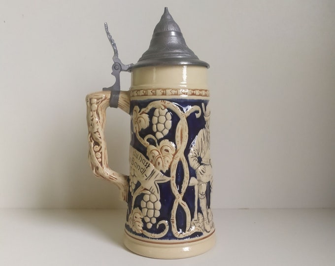 Vintage German Ceramic Beer Stein With Pewter Lid Etsy