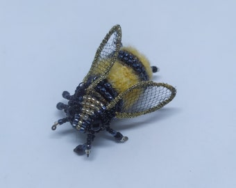 Unique Handmade Vintage Bumble Bee Brooch with Wool, Beads, and Swarovski Crystals