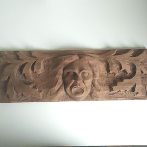 Handcrafted Redwood Carving Wall Art - Ghostly Face & Tree Leaves - 58 cm x 20 cm