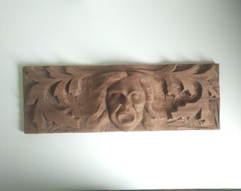 Handcrafted Redwood Carving Wall Art - Ghostly Face & Tree Leaves - 58 cm x 20 cm