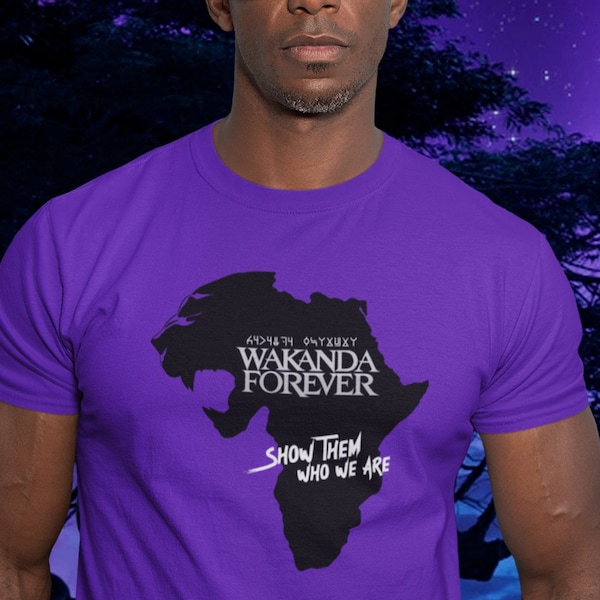 Wakanda Forever Shirt, Show Them Who We Are Black Panther Cosplay, Afrofuturism, Kilmonger, Marvel, Purple and Gold Silver Foil, Iron Heart