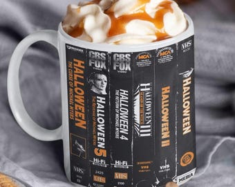 Halloween Michael Myers VHS Wraparound - 12 oz Ceramic Mug - Vintage Horror Halloween 80s Horror Art Mug Washable, Microwavable