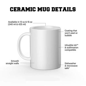 May include: A white ceramic mug with a curved handle. The mug has smooth, straight walls and is available in 12 oz and 15 oz sizes. Features include a coating that won't peel or bubble, and it's dishwasher and microwave safe.