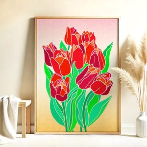 Red Tulips Wall Art, Colorful Floral Poster, Spring Botanical Print, Bold Flower Illustration, Unframed Modern Home Decor