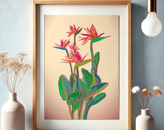 Arte mural de aves del paraíso, póster botánico colorido, lámina de arte de flores tropicales, decoración bohemia sin marco, arte mural de naturaleza moderna,