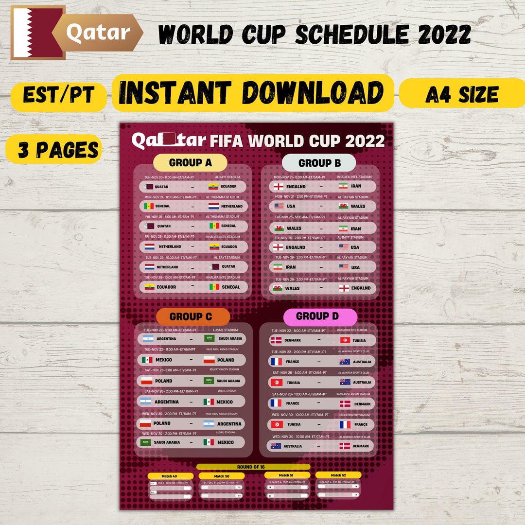 Printable World Cup Schedule FIFA 2022 Qatar Instant Etsy