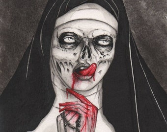 May include: A black and white illustration of a nun with a bloody mouth and hands. She is wearing a black habit and a white wimple. She is holding a rosary with a crucifix.