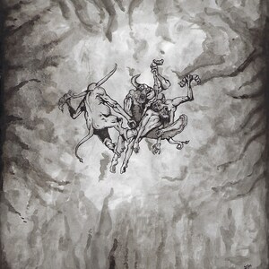 May include: Ink wash illustration depicting several demonic figures in a chaotic scene. The figures, rendered in shades of gray, are engaged in a struggle, with horns, tails, and grotesque features. The background is a swirling, dark wash.