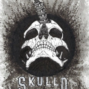 May include: A black and white illustration of a skull with a metal rod piercing through the top of the skull. The skull is surrounded by a dark, textured background. The word "SKULLD" is written in white letters below the skull.