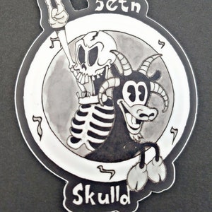 Jake and Skully deluxe sticker, cartoon sticker, pentagram, baphomet, skeleton sticker, rubberhose cartoon, art sticker,