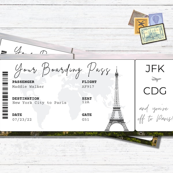Editable Paris Boarding Pass Template | Personalized Paris Plane Ticket | Print At Home | Cute Paris Travel Gift