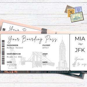 Modèle modifiable de carte d'embarquement NYC | Billet d'avion personnalisé pour New York | Imprimer à la maison | Cadeau de voyage mignon à New York