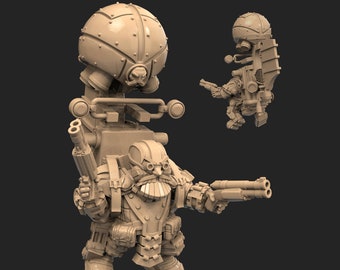 Op de afbeelding: Een 3D-geprint miniatuur van een steampunk-dwerg met een grote, ronde, mechanische helm en een rugzak met een groot, rond, mechanisch apparaat. De dwerg houdt een groot, dubbelloops pistool in zijn rechterhand. Het miniatuur is geschilderd in een lichtbruine kleur.