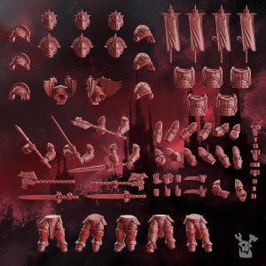 May include: A collection of red plastic miniature figurines, including helmets, armor, weapons, and limbs. The set features various designs, such as winged helmets, banners, and detailed armor pieces. Ideal for tabletop gaming or model enthusiasts.