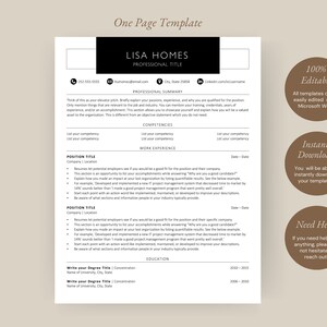 May include: A black and white resume template with the title "One Page Template" and the name "Lisa Homes" at the top. The template includes sections for professional summary, competencies, work experience, education, and contact information. The template is 100% editable and can be downloaded instantly.