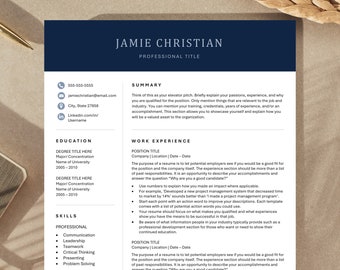May include: A resume template with a dark blue header and white text. The header includes the name "JAMIE CHRISTIAN" and the title "PROFESSIONAL TITLE". The resume includes sections for "SUMMARY", "EDUCATION", "SKILLS", and "WORK EXPERIENCE".