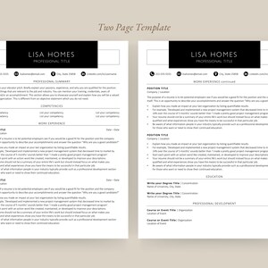 May include: A black and white two-page resume template with the name Lisa Homes and the title "Professional Title" at the top of each page. The resume includes sections for professional summary, competences, work experience, education, and professional development.