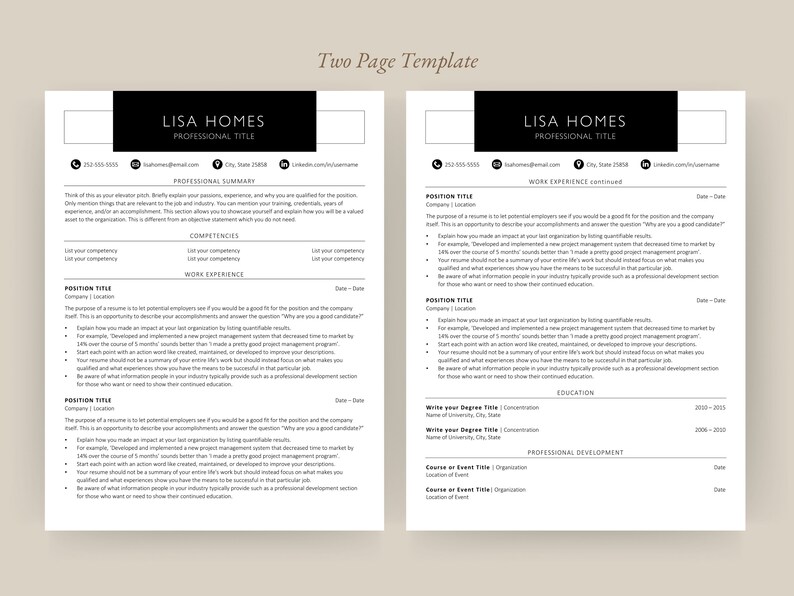 May include: A black and white two-page resume template with the name Lisa Homes and the title "Professional Title" at the top of each page. The resume includes sections for professional summary, competences, work experience, education, and professional development.