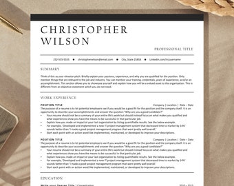Può includere: Un modello di curriculum vitae in bianco e nero con il nome Christopher Wilson in alto. Il curriculum vitae include sezioni per il riepilogo, l'esperienza lavorativa e la formazione.