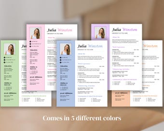 Op de afbeelding: Een verzameling van vijf cv-sjablonen in pastelkleuren: groen, roze, blauw, paars en perzik. Elke sjabloon bevat een foto, contactgegevens en secties voor werkervaring, opleiding en interesses. De tekst "Comes in 5 different colors" staat onderaan.