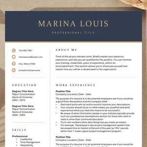 May include: A black and white resume template with the name Marina Louis at the top. The resume includes sections for education, work experience, and skills. The resume is designed to be professional and easy to read.