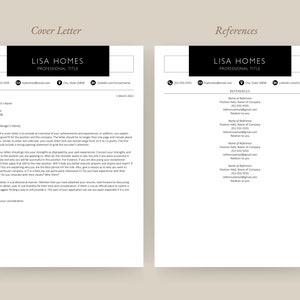May include: A black and white cover letter and references page with the name Lisa Homes and professional title. The cover letter is a standard business letter format with a professional tone. The references page lists the names, titles, and contact information for references.