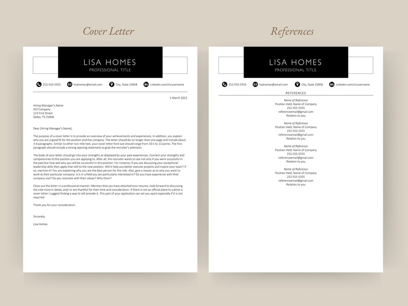 May include: A black and white cover letter and references page with the name Lisa Homes and professional title. The cover letter is a standard business letter format with a professional tone. The references page lists the names, titles, and contact information for references.
