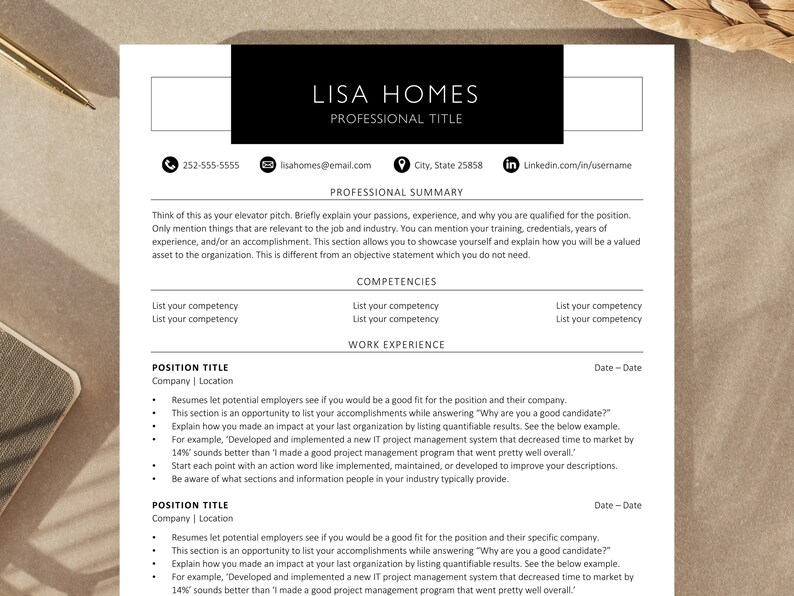 May include: A black and white resume template with a modern design. The template includes sections for professional summary, competencies, work experience, and position title. The template is designed to help job seekers create a professional and visually appealing resume.