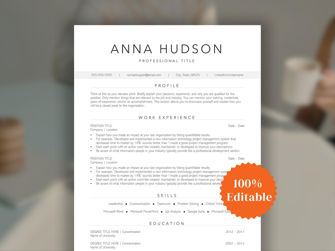 Minimalist Resume Template for Word: Clean CV Design (instant Download ...