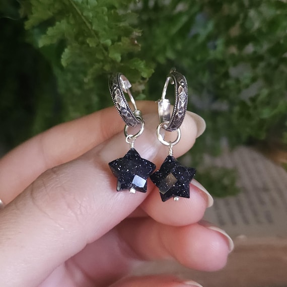 Blue Goldstone Star Charm Hoop Earrings | Sterling Silver | Fantasy Jewelry | Artisan Handcrafted |