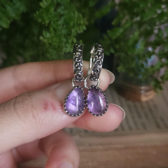 Amethsyt Charm Hoop Earrings | Sterling Silver | Fantasy Jewelry | Artisan Handcrafted |